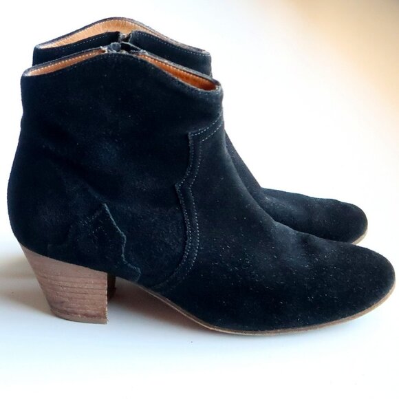 Isabel Marant Etoile Black Suede Leather Block Heel Western Ankle Boots Booties